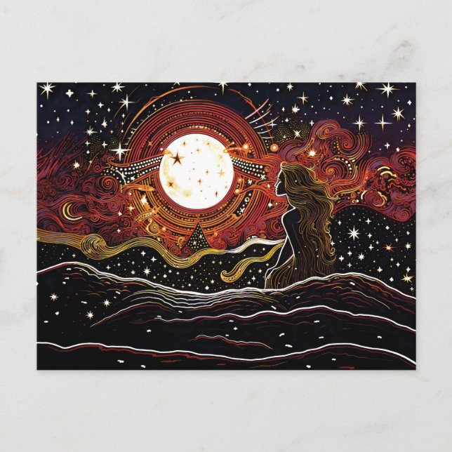 Linocut von Meerjungfrau am Mond in der Welle Postkarte (Vorderseite)
