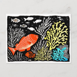 Linocut von Roten Fischen Schwimmen im Korallenrif Postkarte