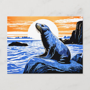 Linocut von Seelöwen auf Felsen bei Sonnenuntergan Postkarte