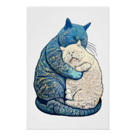 Linocut Weiß und Schwarze Katzen zusammen schlafen Poster