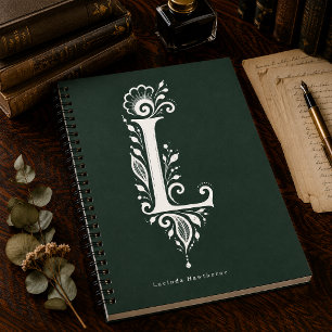 Linolschnitt-Buchstabe L Botanisches Monogramm Not Notizblock