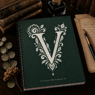 Linolschnitt-Buchstabe V Botanisches Monogramm Not Notizblock
