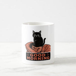 Linolschnitt Sarkastische schwarze Katze Guten Mor Kaffeetasse