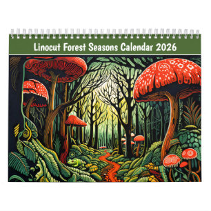 Linolschnitt-Wald-Jahreszeiten-Kalender 2026 Kalender