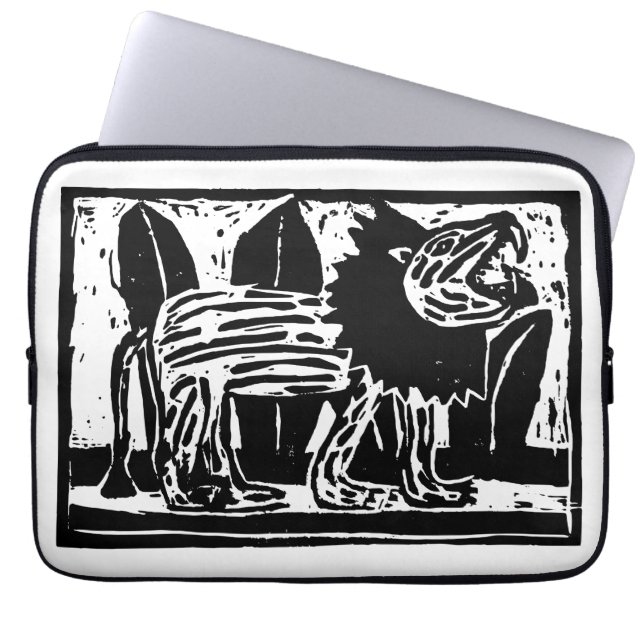 Linoschnitt aus schwarzem und weißem Roaring Lion Laptopschutzhülle (Vorderseite)