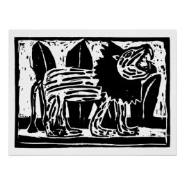 Linoschnitt aus schwarzem und weißem Roaring Lion Poster