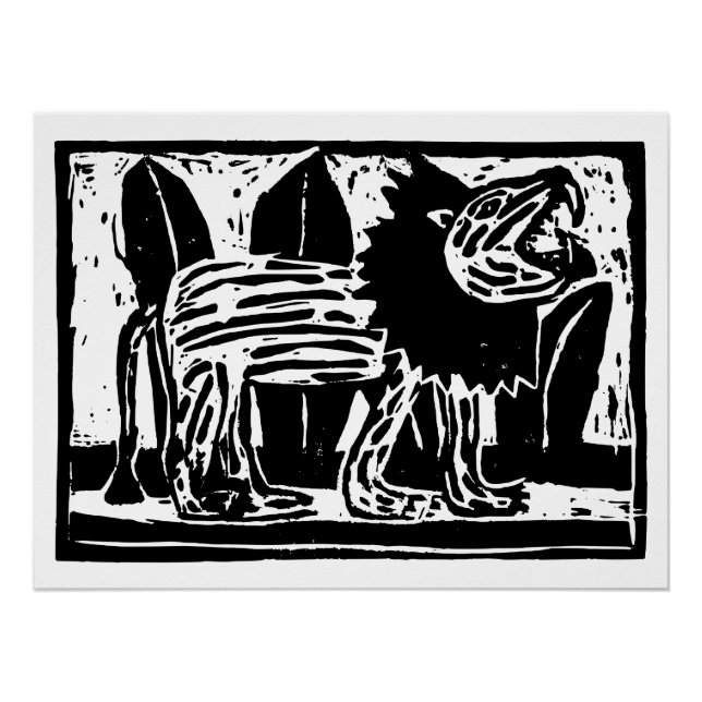 Linoschnitt aus schwarzem und weißem Roaring Lion Poster (Vorderseite)