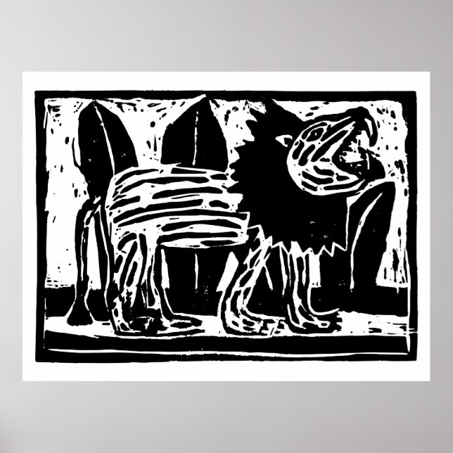 Linoschnitt aus schwarzem und weißem Roaring Lion Poster (Vorne)