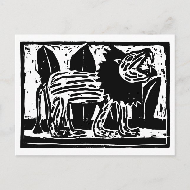 Linoschnitt aus schwarzem und weißem Roaring Lion Postkarte (Vorderseite)