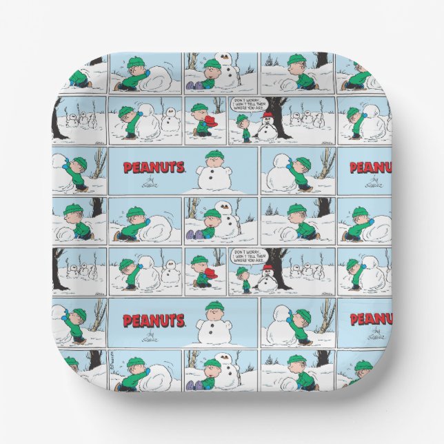 Linus baut einen Schneemann Pappteller (Vorderseite)