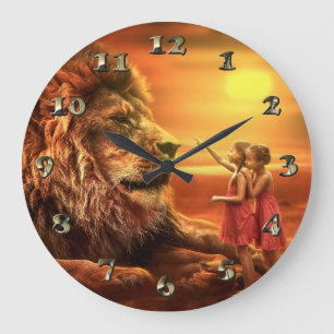 Lion and Little Girls Große Wanduhr