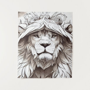 Lion Animal Wild Nature Illustration Line Epic Art Wandteppich
