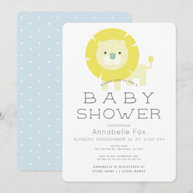 Lion Baby Blue Boy Baby Shower Einladung (Vorne/Hinten)
