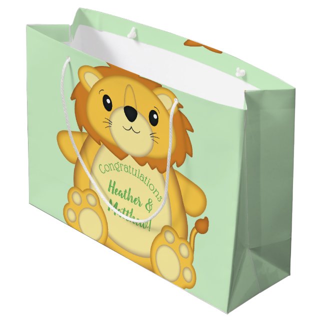 Lion Baby Shower Green Große Geschenktüte (Rückseite Schrägansicht)