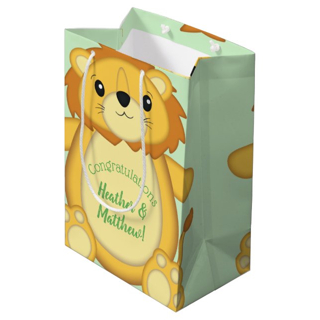 Lion Baby Shower Green Mittlere Geschenktüte (Rückseite Schrägansicht)