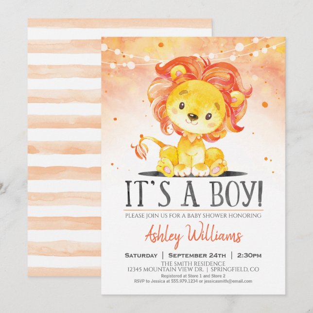 Lion Baby Shower Orange Boy Einladung (Vorne/Hinten)