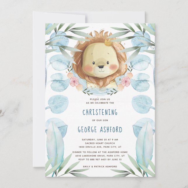 Lion bébé garçon Christening Invitation (Devant)