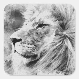 Lion Black and White Mixed Media Digital Art Quadratischer Aufkleber