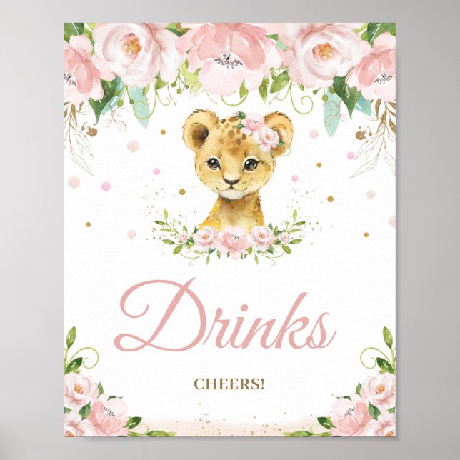 Lion Blush Pink Bloral Baby Dusche Getränke Cheers Poster (Vorne)