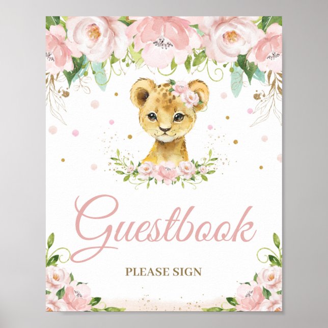 Lion Blush Pink Floral Baby Dusche Gästebuch Unter (Vorne)
