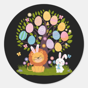 Lion Bunny Oaster Niedliche Bäume Jagd Eier Runder Aufkleber