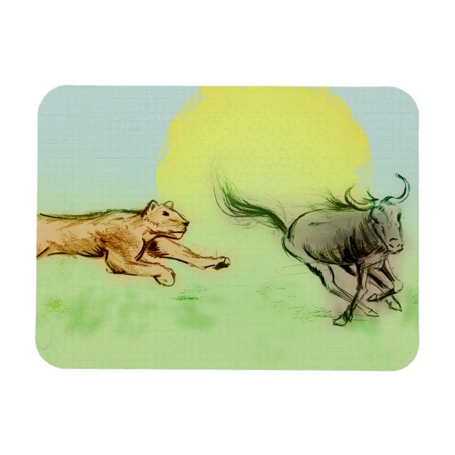 Lion Chasing Buffalo im Wilden Foto Magnet (Horizontal)