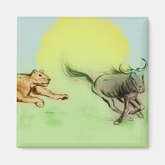 Lion Chasing Buffalo im Wilden Platz Magnet (Vorne)