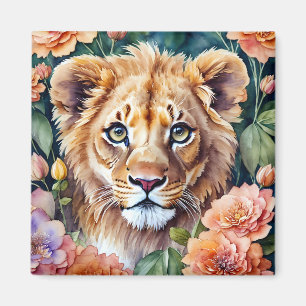 Lion Cub Floral Watercolor Art Magnet