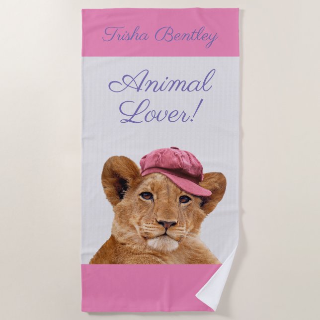 Lion Cub in Hat Personalize Name & Message Strandtuch (Vorderseite)