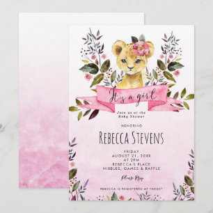 lion cub rose floral fille baby shower invitation