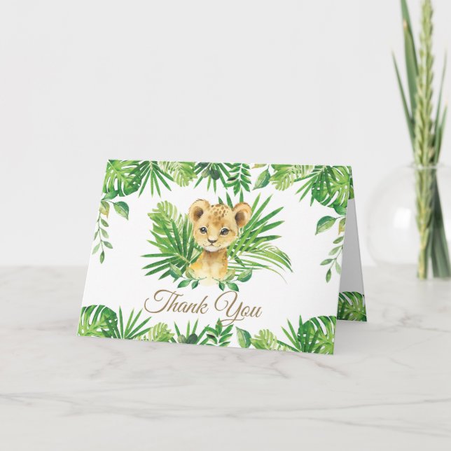 Lion Cub Tropical Greenery Jungle Baby Dusche  Dankeskarte (Vorderseite)