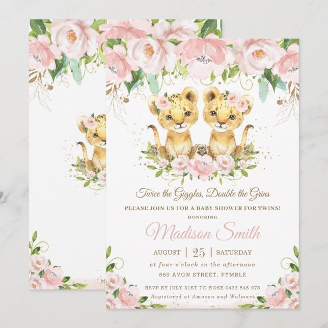 Lion Cubs Blush Pink Floral Twins Baby Dusche Einladung (Vorne/Hinten)