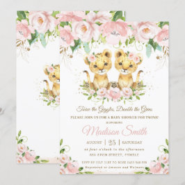 Lion Cubs Blush Pink Floral Twins Baby Dusche Einladung
