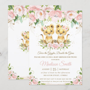 Lion Cubs Blush Pink Floral Twins Baby Dusche Einladung