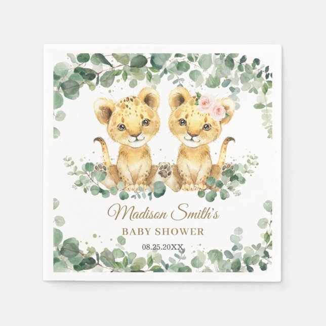 Lion Cubs Greenery Twin Boy Girl Baby Shower  Serviette (Vorderseite)