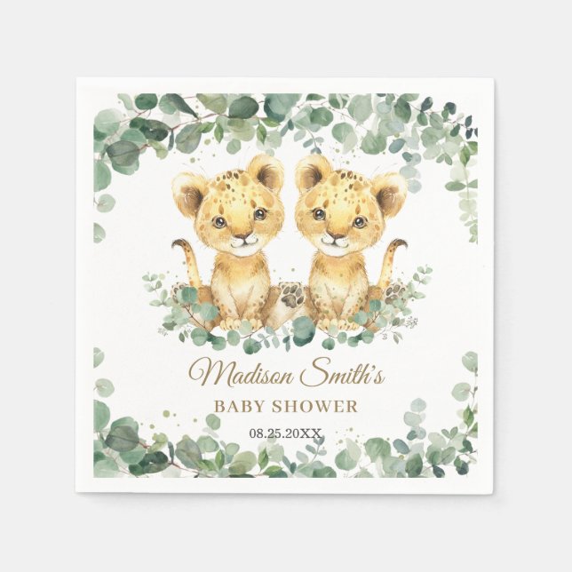 Lion Cubs Greenery Twin Boys Baby Shower  Serviette (Vorderseite)