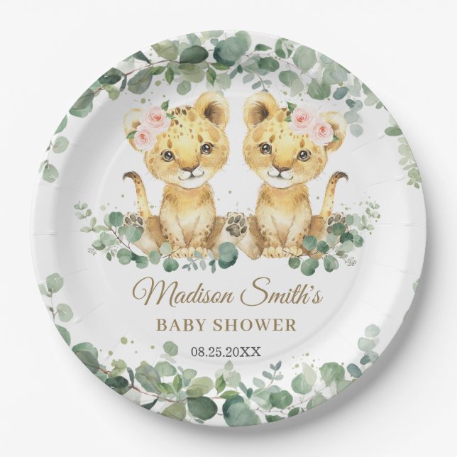 Lion Cubs Greenery Twin Girls Baby Shower  Pappteller (Vorderseite)