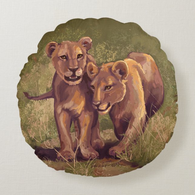 Lion Cubs Rundes Kissen (Vorderseite)