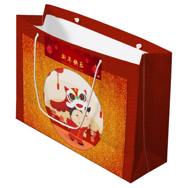 Lion Dance Chinese New Year Kid Large GB Große Geschenktüte (Vorderseite Schrägansicht)