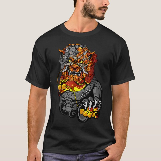 Lion Door Guardian Statue Fu Dog oder Foo Dog T-Shirt (Vorderseite)