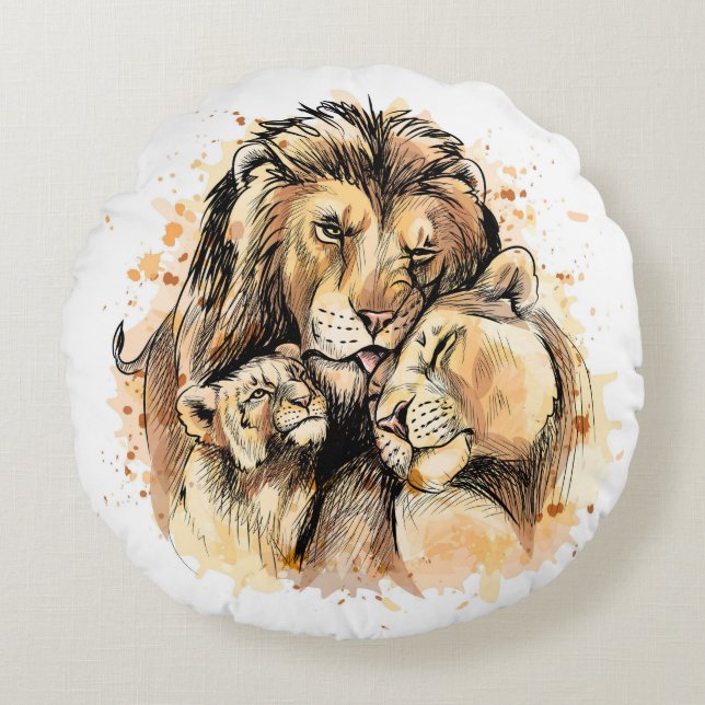 Lion Family Rundes Kissen (Vorderseite)