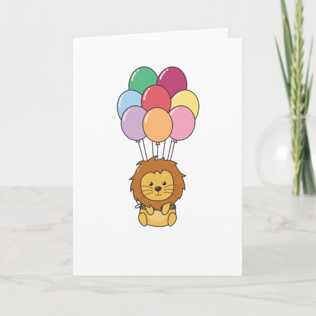 Lion fliegt mit farbenfrohen Balloons auf Karte (Vorderseite)