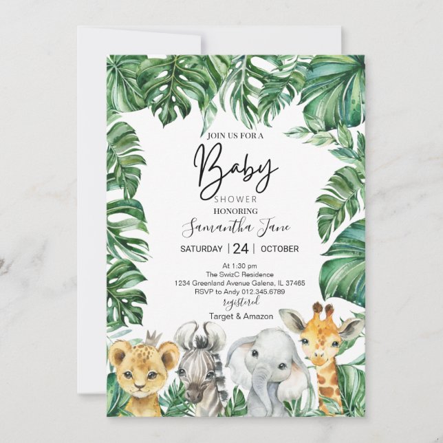 Lion Giraffe Elephant Safari Jungle Baby Dusche Einladung (Vorderseite)