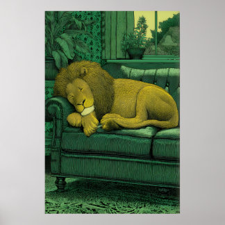 Lion Illustration Print Serene Indoor Setting Poster