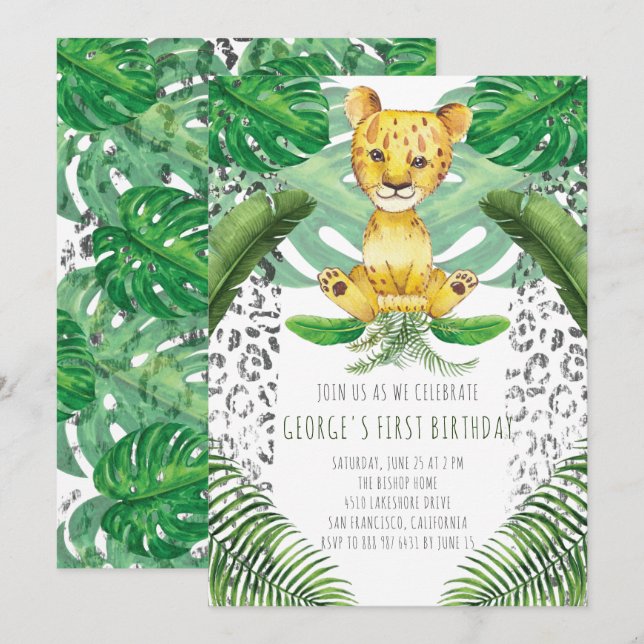 Lion Illustration Safari Erster Geburtstag Einladung (Vorne/Hinten)
