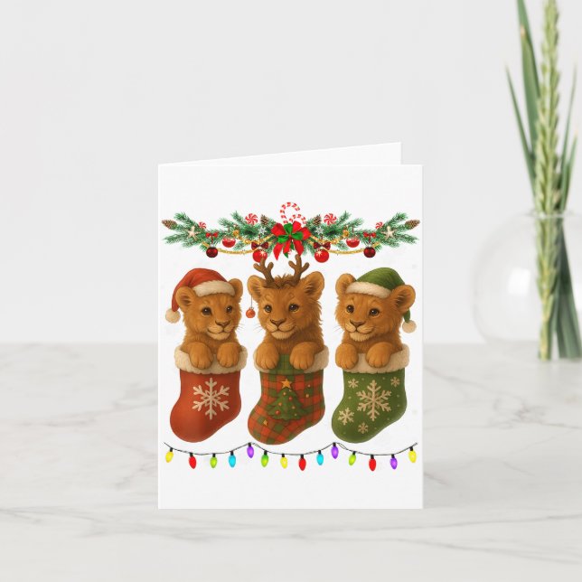 Lion In Christmas Socks Lights Lion Xmas  Karte (Vorderseite)
