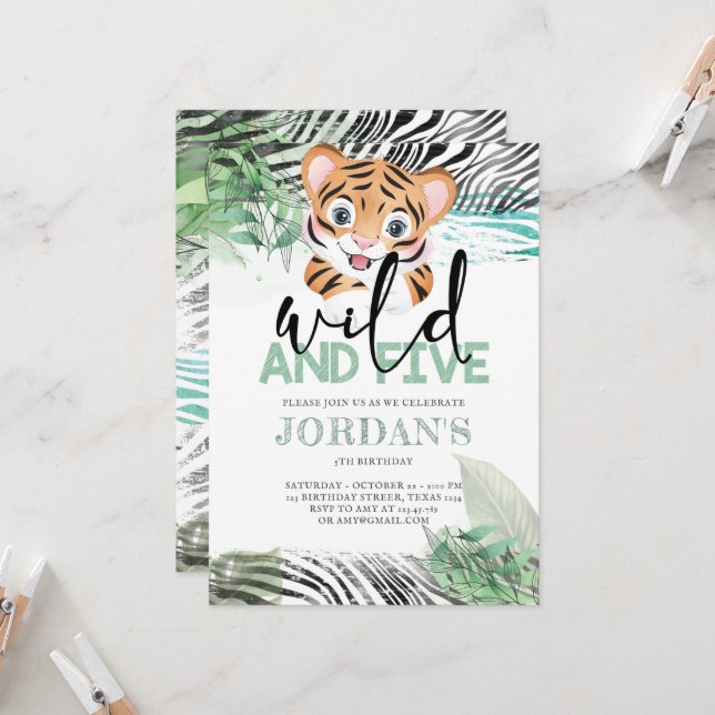 Lion Jungle Cute 5e Anniversaire Invitation (Devant/Arrière en situation)