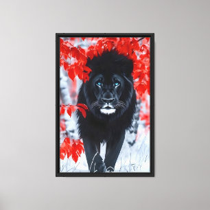 Lion noir en toile encadrée de neige