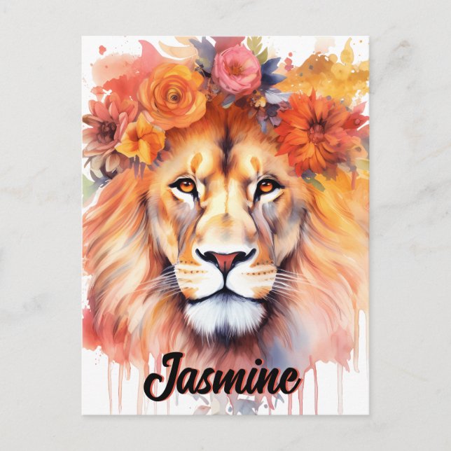 Lion Pastel Blume Safari Watercolor Savannah Cat Postkarte (Vorderseite)