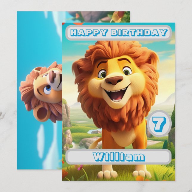Lion personnalisé Anniversaire Nom de la carte Age (Devant / Derrière)